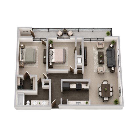 Floor plan for 2 beds, 1 bath, 950 sqft